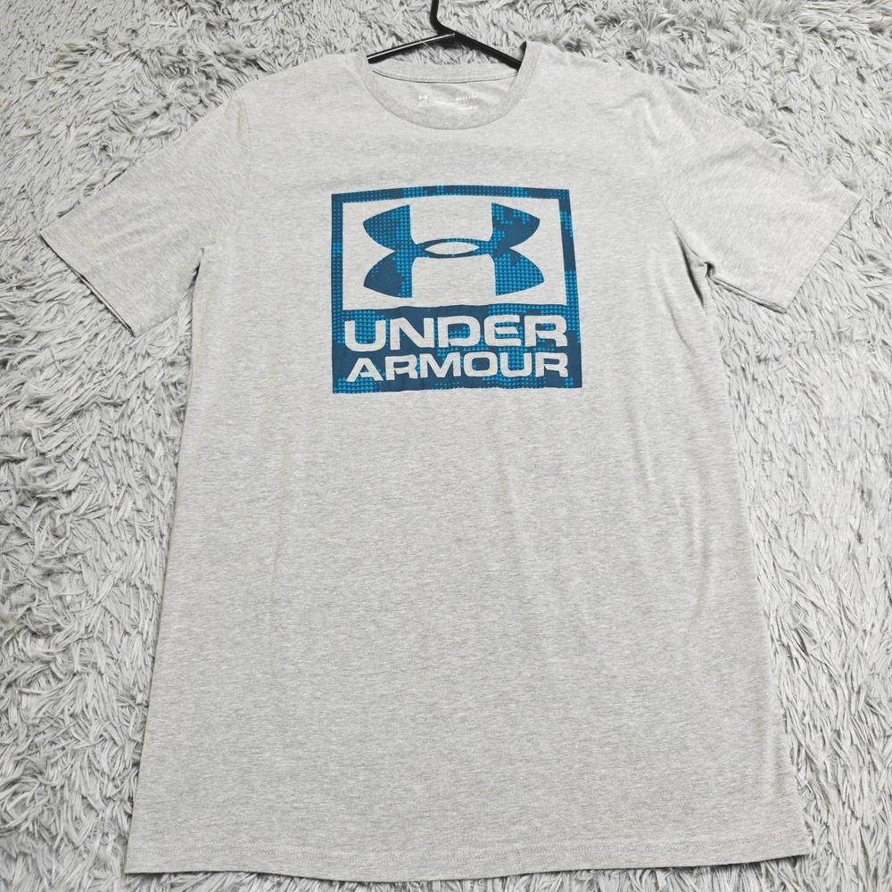 Under Armour HeatGear TShirt Mens Small Gray Short Sleeve Graphic Tee Gym Active